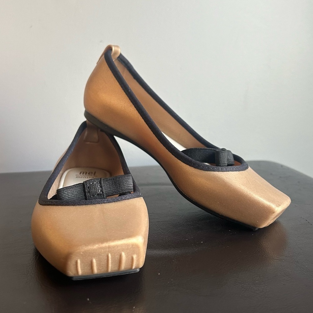 Mel by Melissa Gold Glitter & Black Bow Girls Jelly Ballet Flats Shoes
